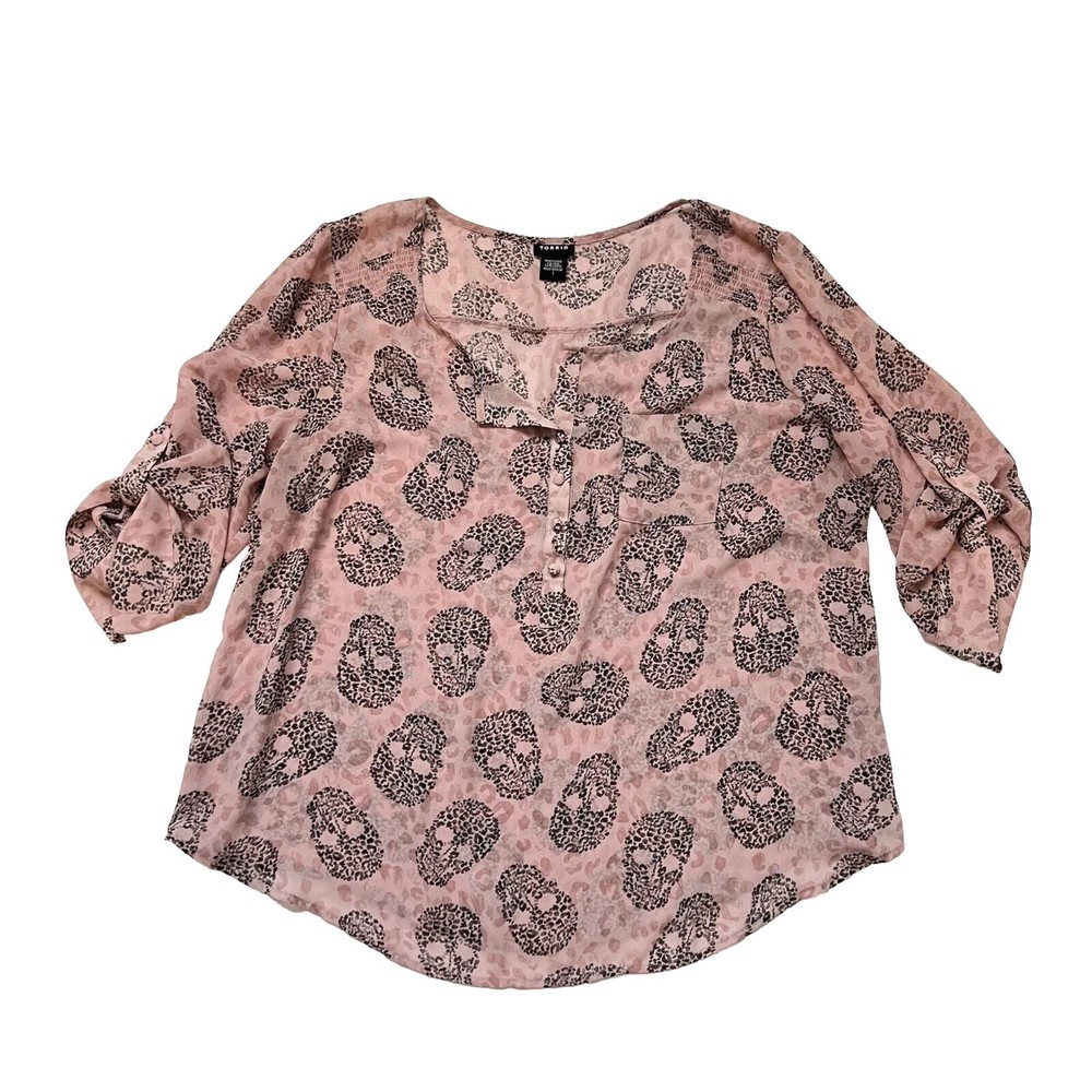 Torrid Women’s Sz 1X Plus Pink Gray Leopard Skull Print Sheer Top 3/4 Sleeve